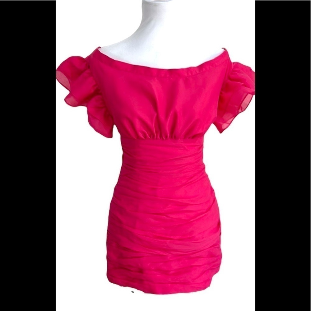 NWOT C/MEO COLLECTIVE Ruched Dark Pink Ruffle Sleeve Mini Dress SZ S